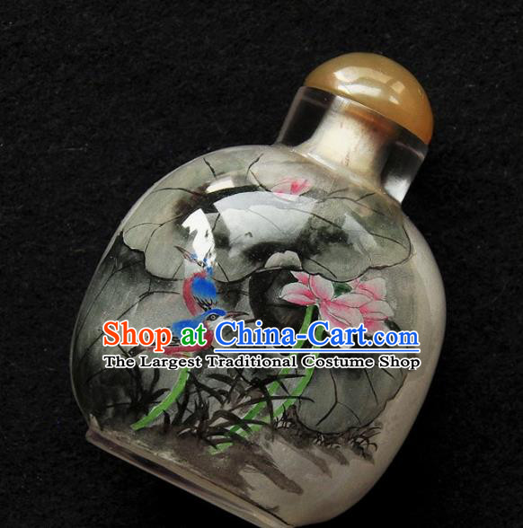 Chinese Handmade Snuff Bottle Traditional Inside Painting Lotus Birds Snuff Bottles Artware