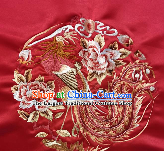 Traditional Chinese Embroidered Peony Phoenix Fabric Hand Embroidering Dress Round Applique Embroidery Red Silk Patches Accessories