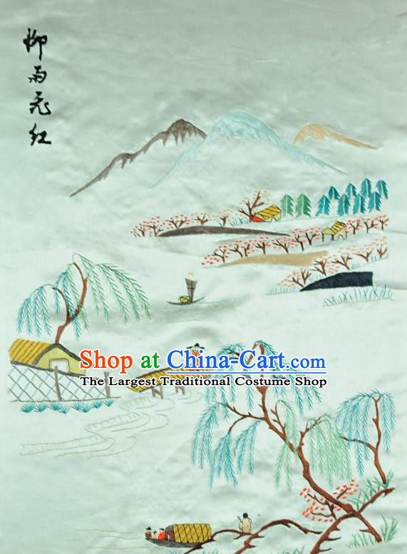 Traditional Chinese Embroidered Landscape Decorative Painting Hand Embroidery Light Green Silk Picture Craft