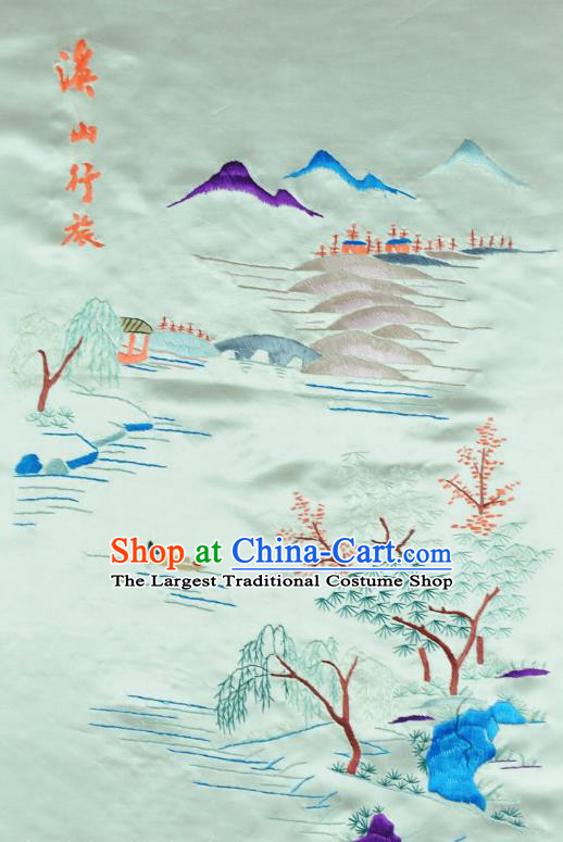 Traditional Chinese Embroidered Landscape Decorative Painting Hand Embroidery Light Blue Silk Picture Craft