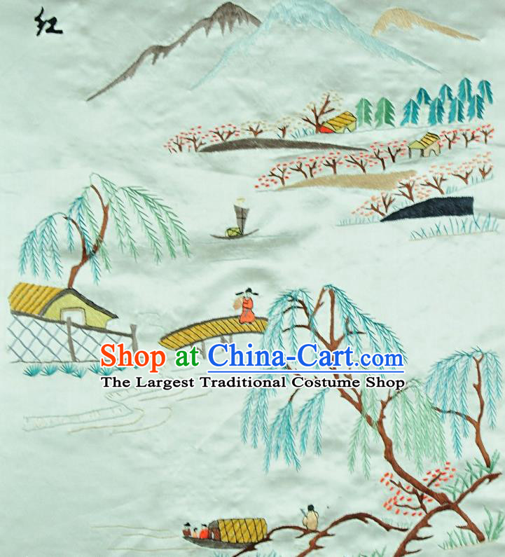 Traditional Chinese Embroidered Landscape Decorative Painting Hand Embroidery Light Green Silk Picture Craft