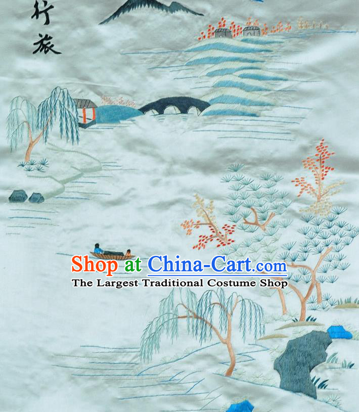 Traditional Chinese Embroidered Mountain Perch Decorative Painting Hand Embroidery Light Blue Silk Picture Craft
