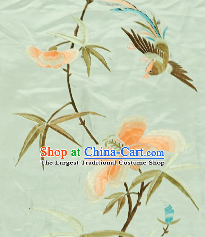Traditional Chinese Embroidered Flowers Bird Decorative Painting Hand Embroidery Light Green Silk Picture Craft
