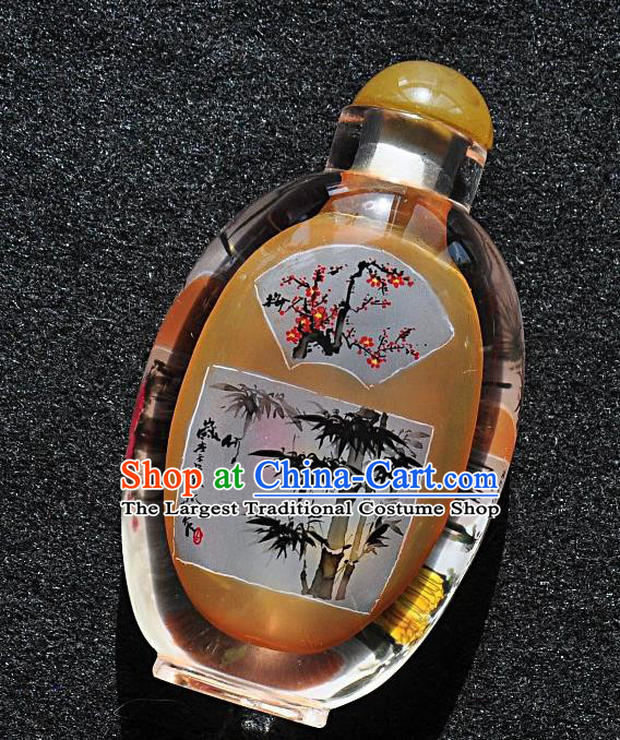 Chinese Handmade Glass Yellow Snuff Bottle Craft Traditional Inside Painting Orchid Chrysanthemum Snuff Bottles Artware
