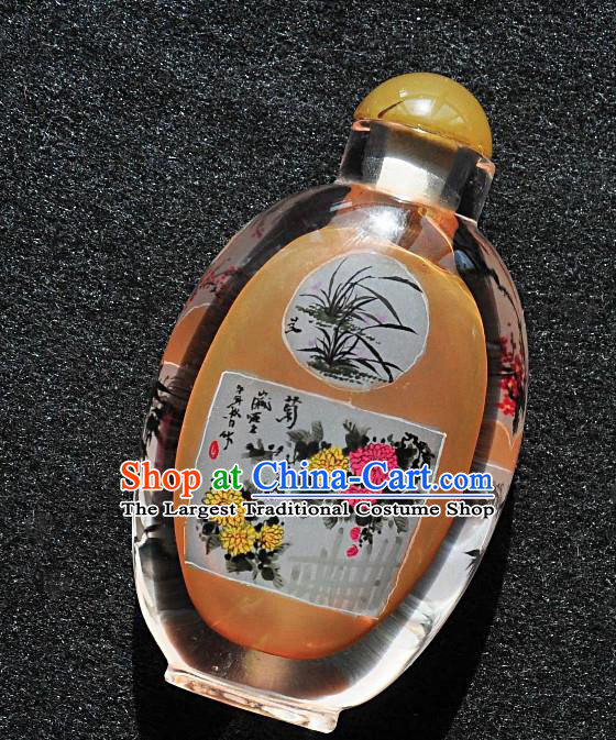 Chinese Handmade Glass Yellow Snuff Bottle Craft Traditional Inside Painting Orchid Chrysanthemum Snuff Bottles Artware