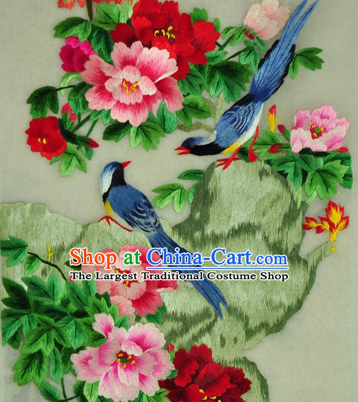 Traditional Chinese Embroidered Peony Birds Decorative Painting Hand Embroidery Silk Wall Picture Craft