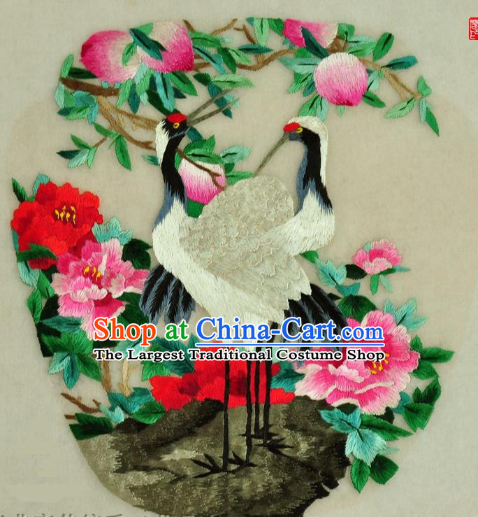 Traditional Chinese Embroidered Crane Peony Decorative Painting Hand Embroidery Peach Silk Round Wall Picture Craft