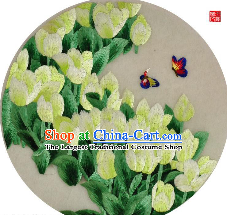 Traditional Chinese Embroidered Tulip Decorative Painting Hand Embroidery Butterfly Silk Round Wall Picture Craft