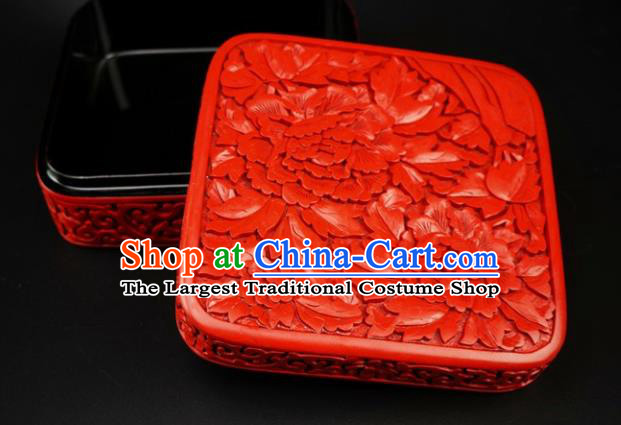 Traditional Chinese Carving Peony Flowers Lacquerware Hand Red Square Rouge Box Craft