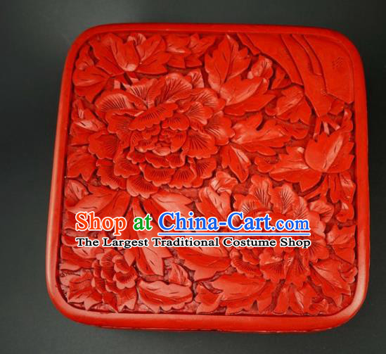 Traditional Chinese Carving Peony Flowers Lacquerware Hand Red Square Rouge Box Craft