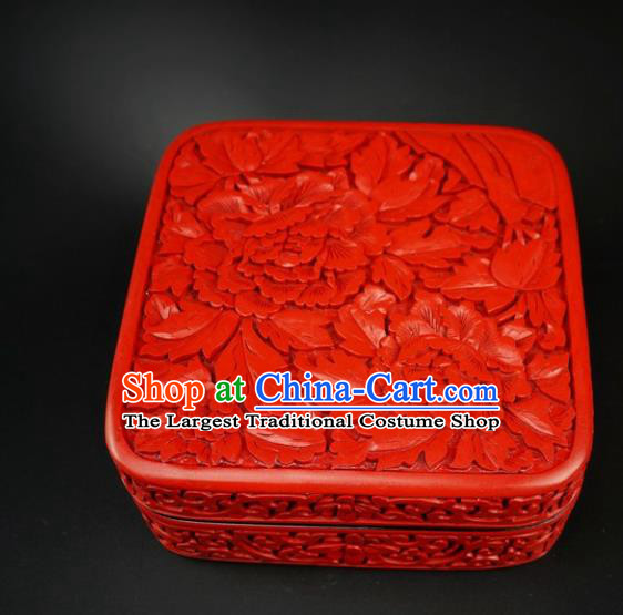 Traditional Chinese Carving Peony Flowers Lacquerware Hand Red Square Rouge Box Craft