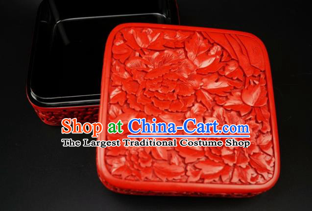 Traditional Chinese Carving Peony Flowers Lacquerware Hand Red Square Rouge Box Craft
