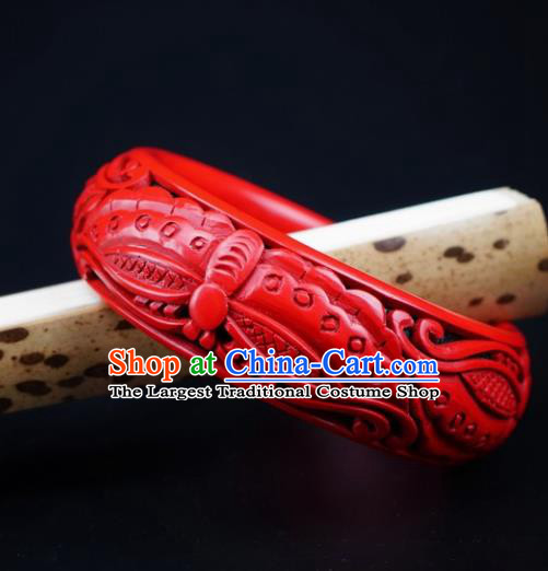 Traditional Chinese Carving Butterfly Lacquerware Bracelet Hand Red Bangle Accessories