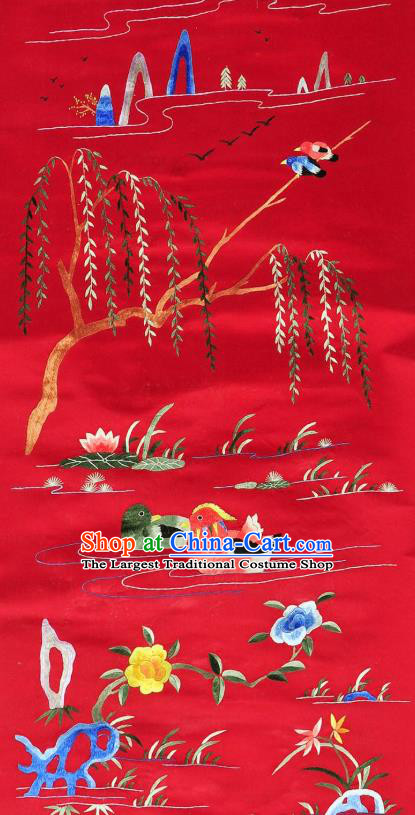 Traditional Chinese Embroidered Mandarin Duck Decorative Painting Hand Embroidery Red Silk Wall Picture Craft