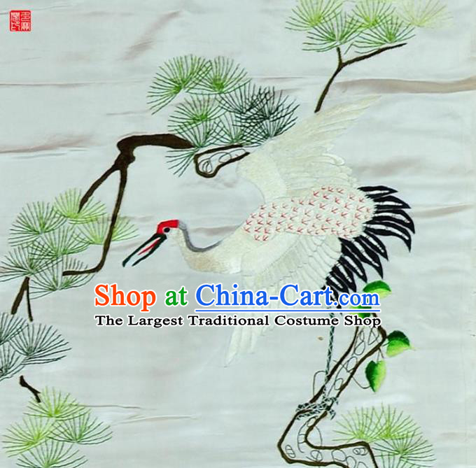Traditional Chinese Embroidered Double Cranes Decorative Painting Hand Embroidery Pine White Silk Wall Picture Craft