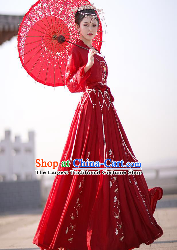 Chinese Traditional Wedding Hanfu Tang Dynasty Princess Costumes Ancient Bride Garment Red Cloak Blouse and Skirt Full Set