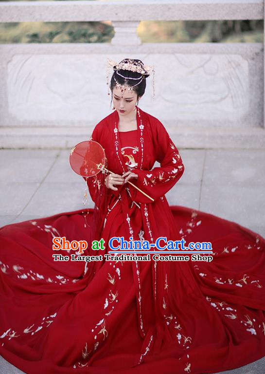 Chinese Traditional Wedding Hanfu Tang Dynasty Princess Costumes Ancient Bride Garment Red Cloak Blouse and Skirt Full Set