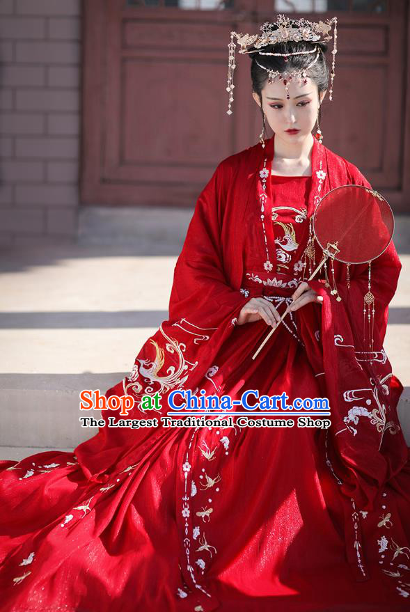 Chinese Traditional Wedding Hanfu Tang Dynasty Princess Costumes Ancient Bride Garment Red Cloak Blouse and Skirt Full Set