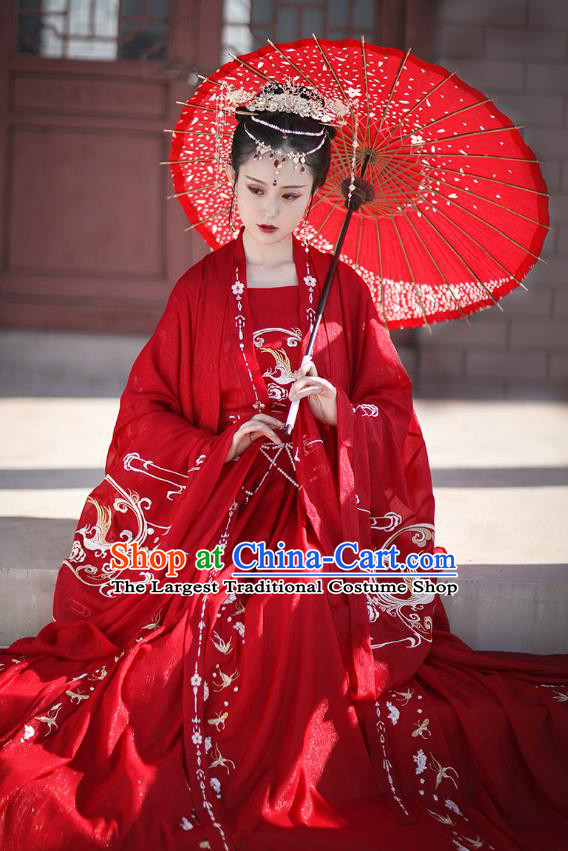 Chinese Traditional Wedding Hanfu Tang Dynasty Princess Costumes Ancient Bride Garment Red Cloak Blouse and Skirt Full Set