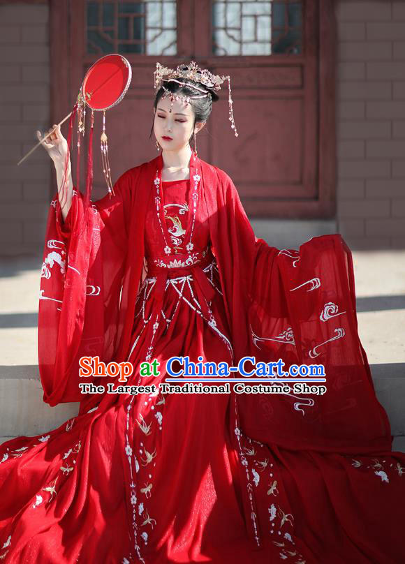 Chinese Traditional Wedding Hanfu Tang Dynasty Princess Costumes Ancient Bride Garment Red Cloak Blouse and Skirt Full Set