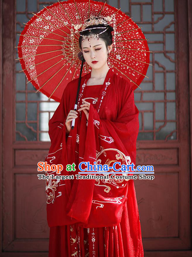 Chinese Traditional Wedding Hanfu Tang Dynasty Princess Costumes Ancient Bride Garment Red Cloak Blouse and Skirt Full Set