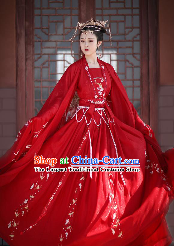 Chinese Traditional Wedding Hanfu Tang Dynasty Princess Costumes Ancient Bride Garment Red Cloak Blouse and Skirt Full Set