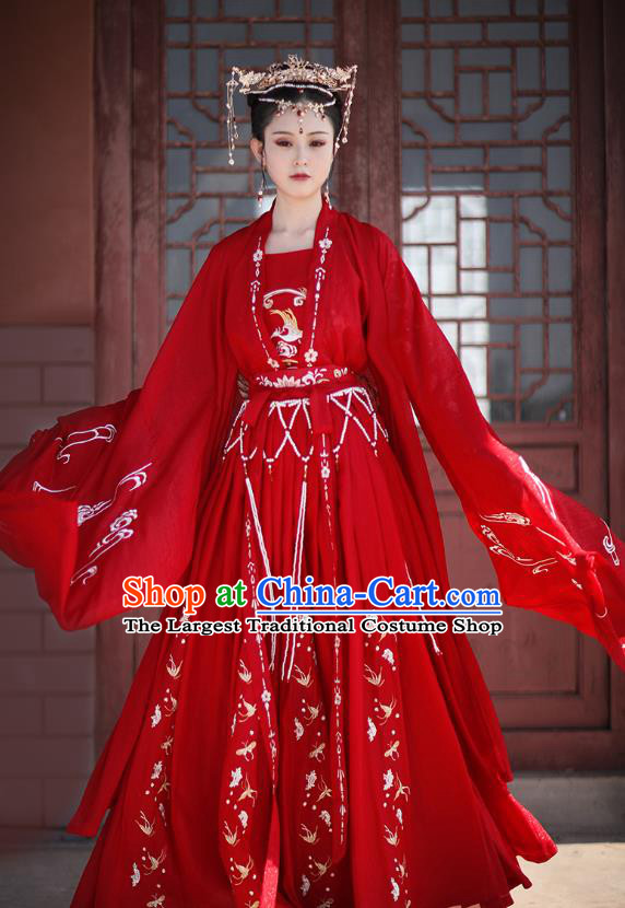 Chinese Traditional Wedding Hanfu Tang Dynasty Princess Costumes Ancient Bride Garment Red Cloak Blouse and Skirt Full Set