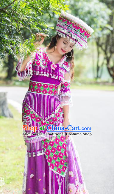 China Miao Ethnic Purple Apparels Minority Stage Performance Costumes Yunnan Nationality Women Long Dress and Headdress