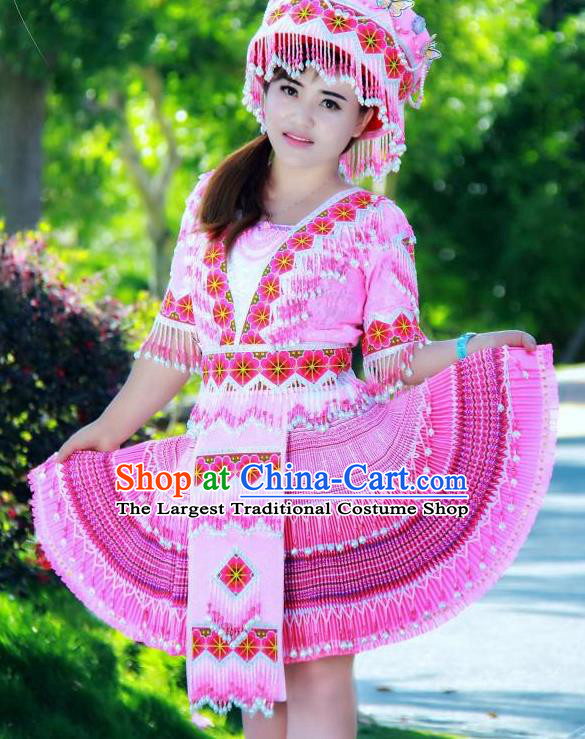 China Ethnic Folk Dance Pink Short Dress Miao Minority Costumes Miao Nationality Women Apparels and Headdress