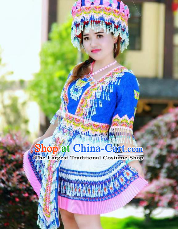 China Miao Ethnic Folk Dance Royalblue Short Dress Minority Nationality Costumes Women Apparels and Headwear