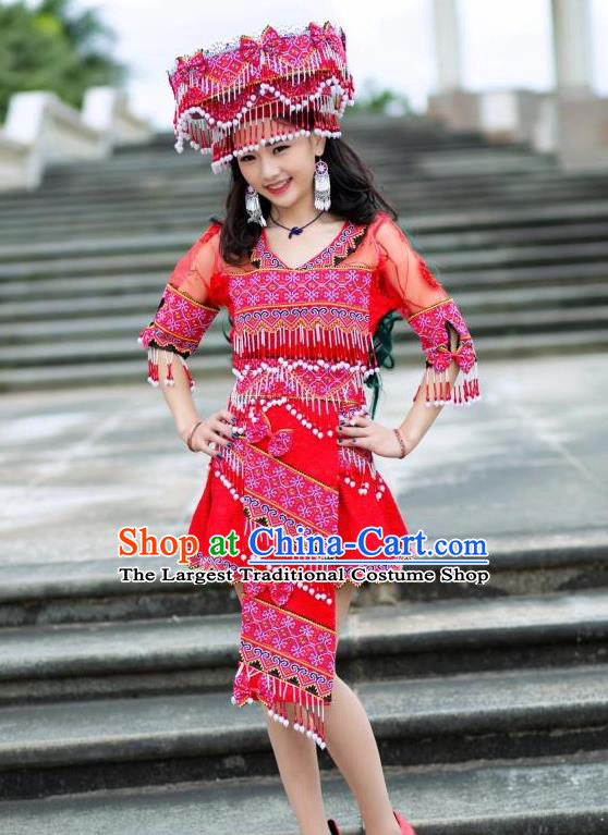 China Ethnic Princess Red Short Dress Miao Minority Women Clothing Yunnan Nationality Apparels with Hat