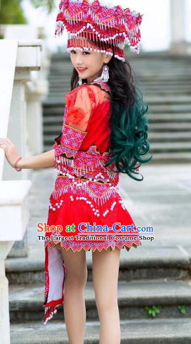 China Ethnic Princess Red Short Dress Miao Minority Women Clothing Yunnan Nationality Apparels with Hat