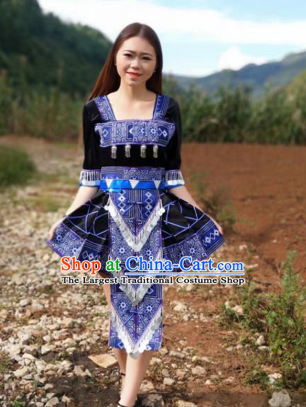 China Yao Nationality Folk Dance Apparels Minority Clothing Ethnic Women Navy Short Dress