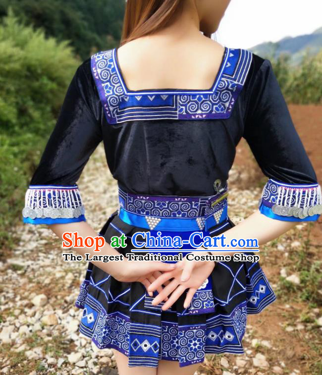 China Yao Nationality Folk Dance Apparels Minority Clothing Ethnic Women Navy Short Dress
