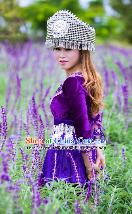 China Miao Minority Folk Dance Clothing Wenshan Ethnic Women Apparels Yunnan Nationality Purple Blouse and Short Skirt with Hat