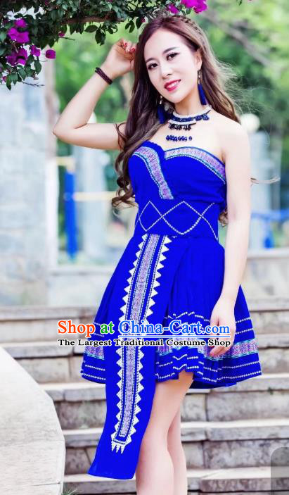 China Miao Nationality Royalblue Velvet Short Dress Minority Folk Dance Clothing Ethnic Women Apparels