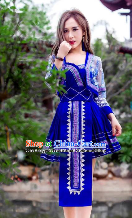 China Miao Nationality Royalblue Velvet Short Dress Minority Folk Dance Clothing Ethnic Women Apparels