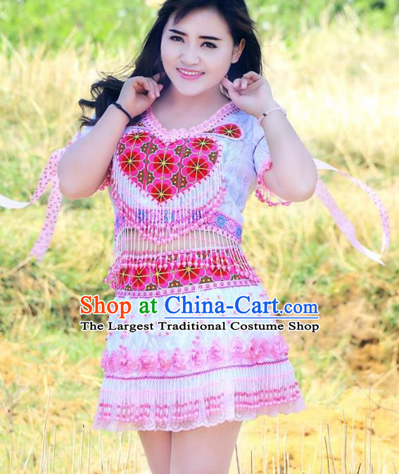 Wenshan Ethnic Dance Apparels China Miao Nationality Clothing Minority Women Beads Tassel Blouse and Short Skirt