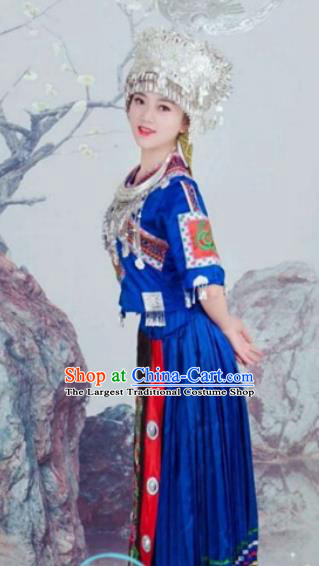 China Miao Minority Traditional Festival Apparels Ethnic Celebration Clothing Hmong Embroidered Royalblue Blouse and Skirt with Headdress