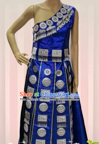 China Tujia Minority Ethnic Celebration Clothing Hmong Embroidered Royalblue Blouse and Skirt Traditional Festival Apparels