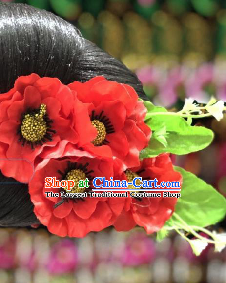 China Miao Ethnic Bride Hair Accessories Minority Nationality Headwear Red Flowers Hair Stick