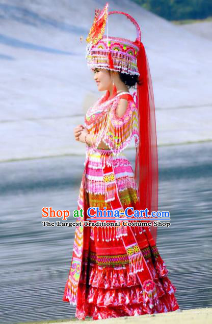 Miao Minority Bride Dresses Women Folk Dance Costume China Miao Ethnic Wedding Apparels and Headdress