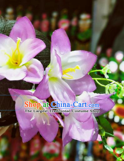 Chinese Miao Minority Bride Hair Accessories Handmade Ethnic Wedding Purple Lily Flowers Hair Stick