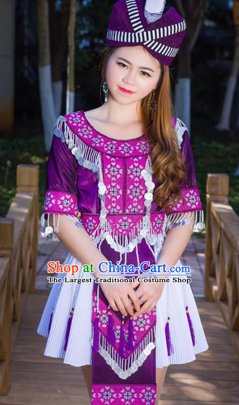 China Ethnic Female Purple Blouse and Short Pleated Skirt Yunnan Miao Minority Clothing and Hat