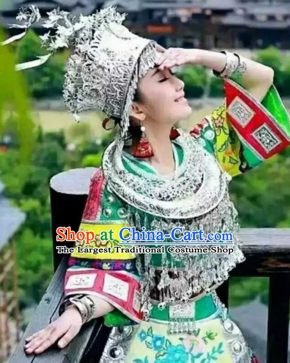 China Minority Embroidered Green Blouse and Short Skirt Traditional Ethnic Folk Dance Apparels Miao Nationality Stage Show Clothing with Headwear