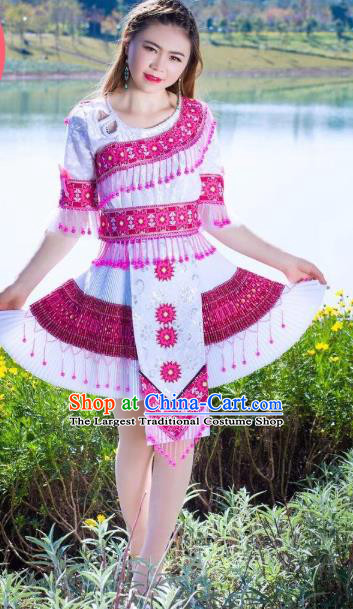 China Yunnan Ethnic Rosy Beads Tassel Blouse and Short Pleated Skirt Miao Minority Folk Dance Costume with Headwear