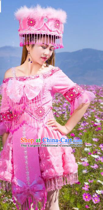 China Minority Folk Dance Costume Yunnan Miao Ethnic Pink Blouse and Short Pleated Skirt with Feather Hat