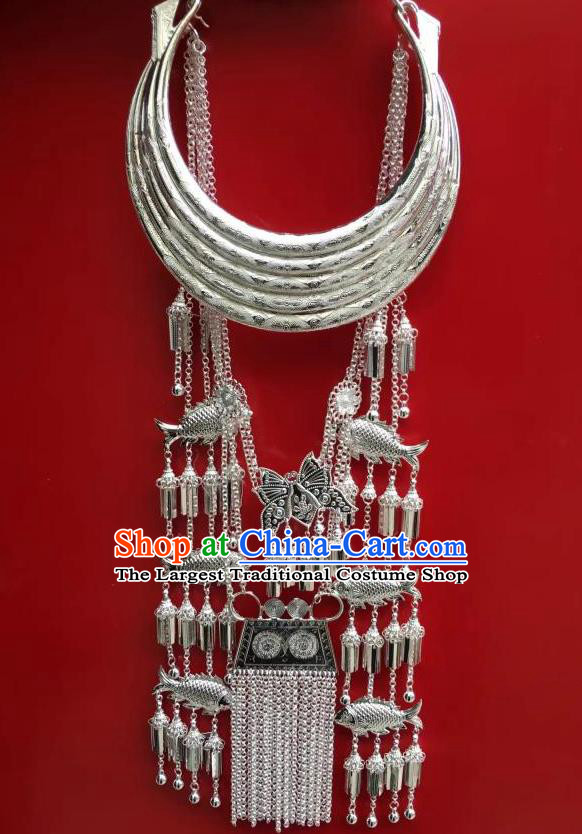 Chinese Miao Silver Fish Necklace Minority Jewelry Yunnan Ethnic Nationality Wedding Collar Accessories