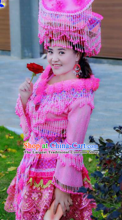 Custom Yunnan Ethnic Wedding Dress Top Quality China Miao Minority Bride Rosy Costume and Hat for Women