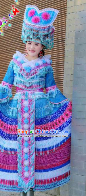 Top Quality Yunnan Yi Ethnic Wedding Blue Dress China Minority Bride Costume and Headdress